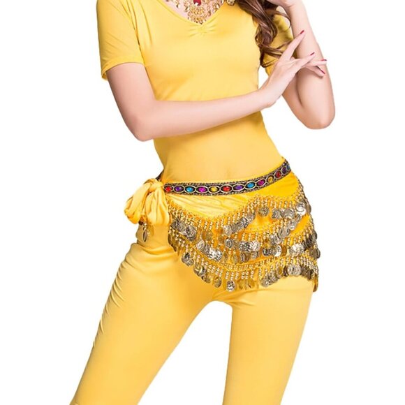 Women's Yellow Triangular Belly Dancing Hip Scarf Wrap Skirt with Gold Coins - Picture 3 of 4